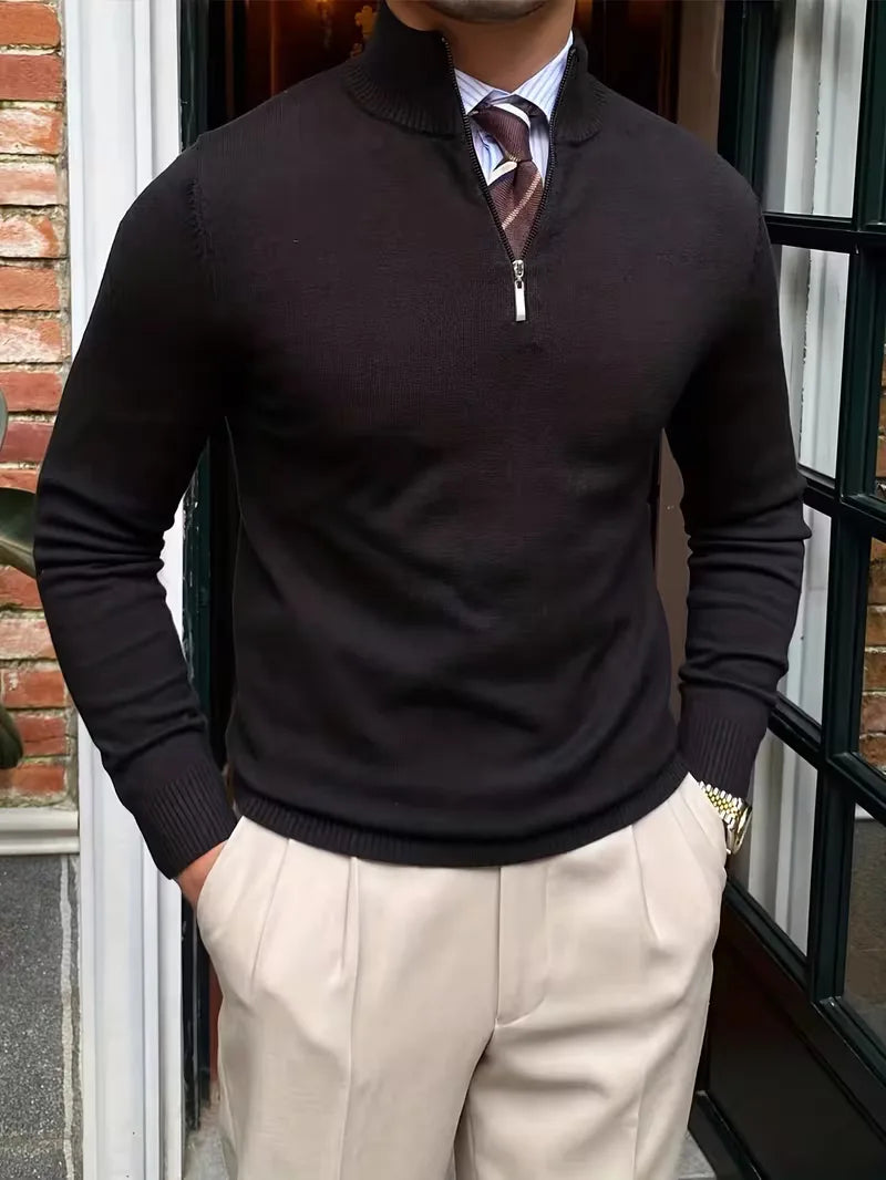 Halfzip Trui Heren Fijngebreid met Opstaande Kraag Smart Casual
