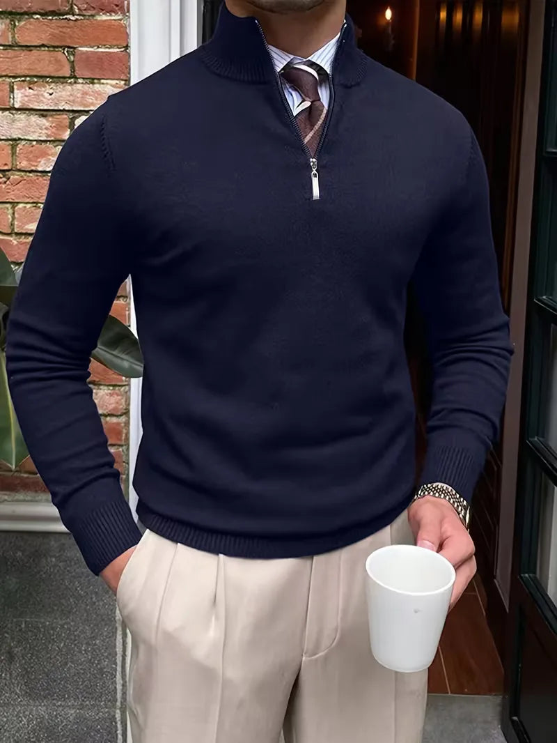 Halfzip Trui Heren Fijngebreid met Opstaande Kraag Smart Casual