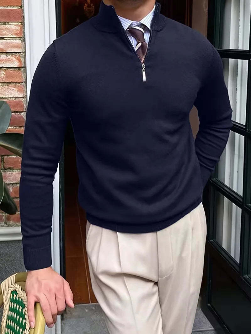 Halfzip Trui Heren Fijngebreid met Opstaande Kraag Smart Casual